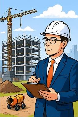 Diktattranskription für Baugutachter, Architekten Illustration: Baugutachter auf einer Baustelle