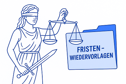 Justitia mit Waage und Hängemappe 'Fristen – Wiedervorlagen'